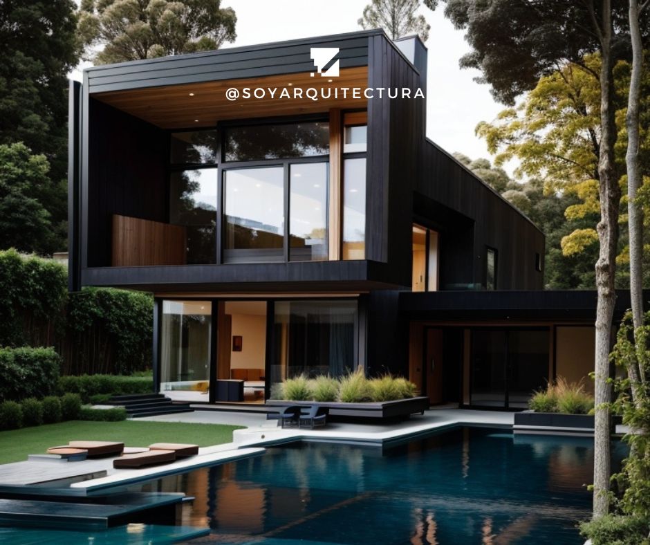 Casa moderna color negro, casa modera con alberca, casa moderna con ventanales.