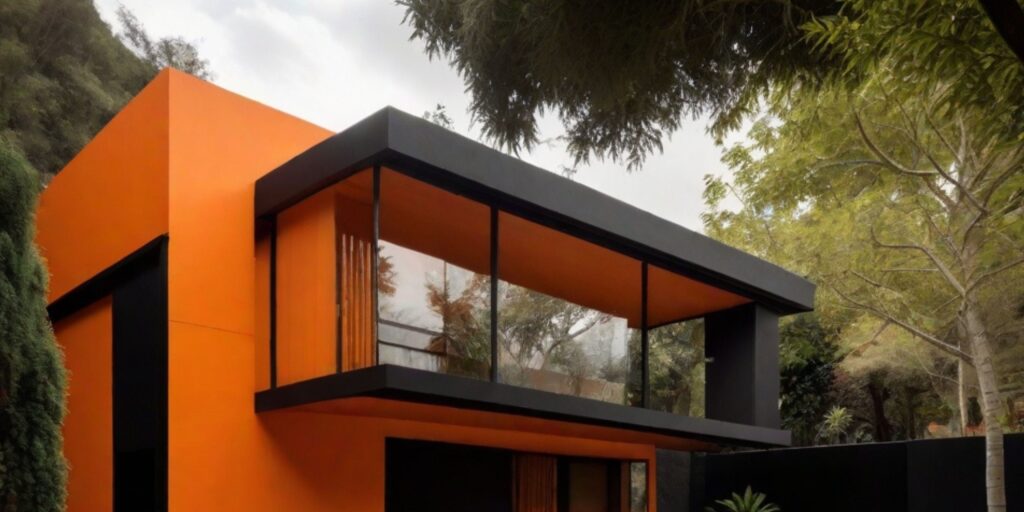 Fachada de casa de colores, fachada moderna naranja y negro
