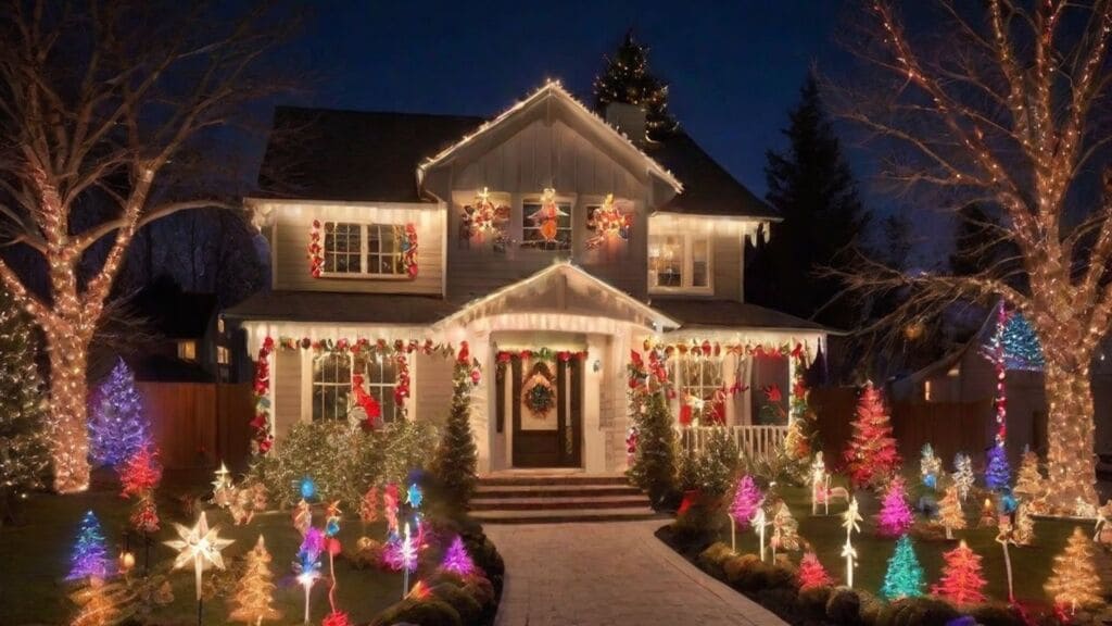 Iluminación navideña con luces de colores para fachada de casa.