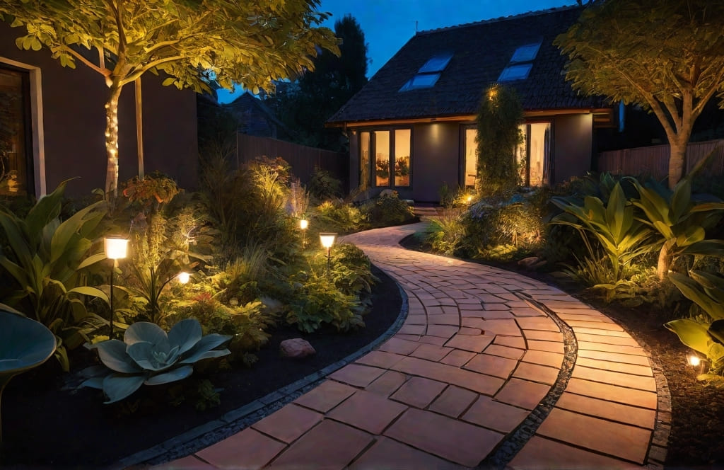 Caminos de jardín iluminados en acceso de casa moderna
