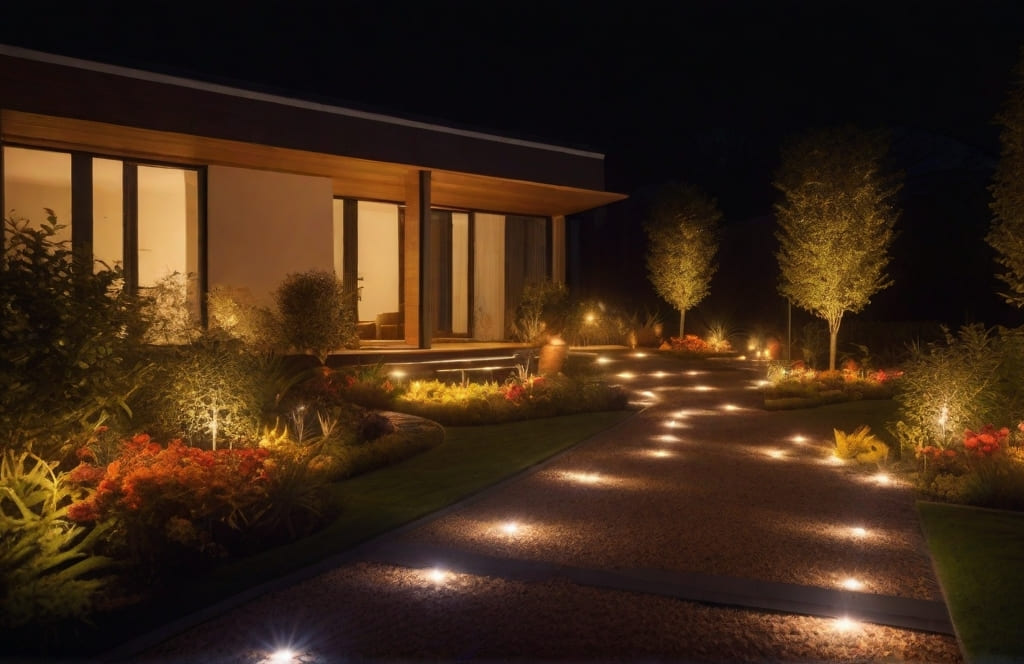 Caminos de jardín iluminados de casa moderna