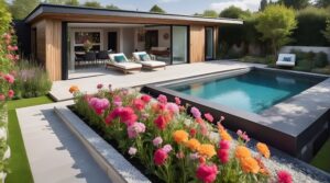 Casa moderna con jardín con flores y alberca